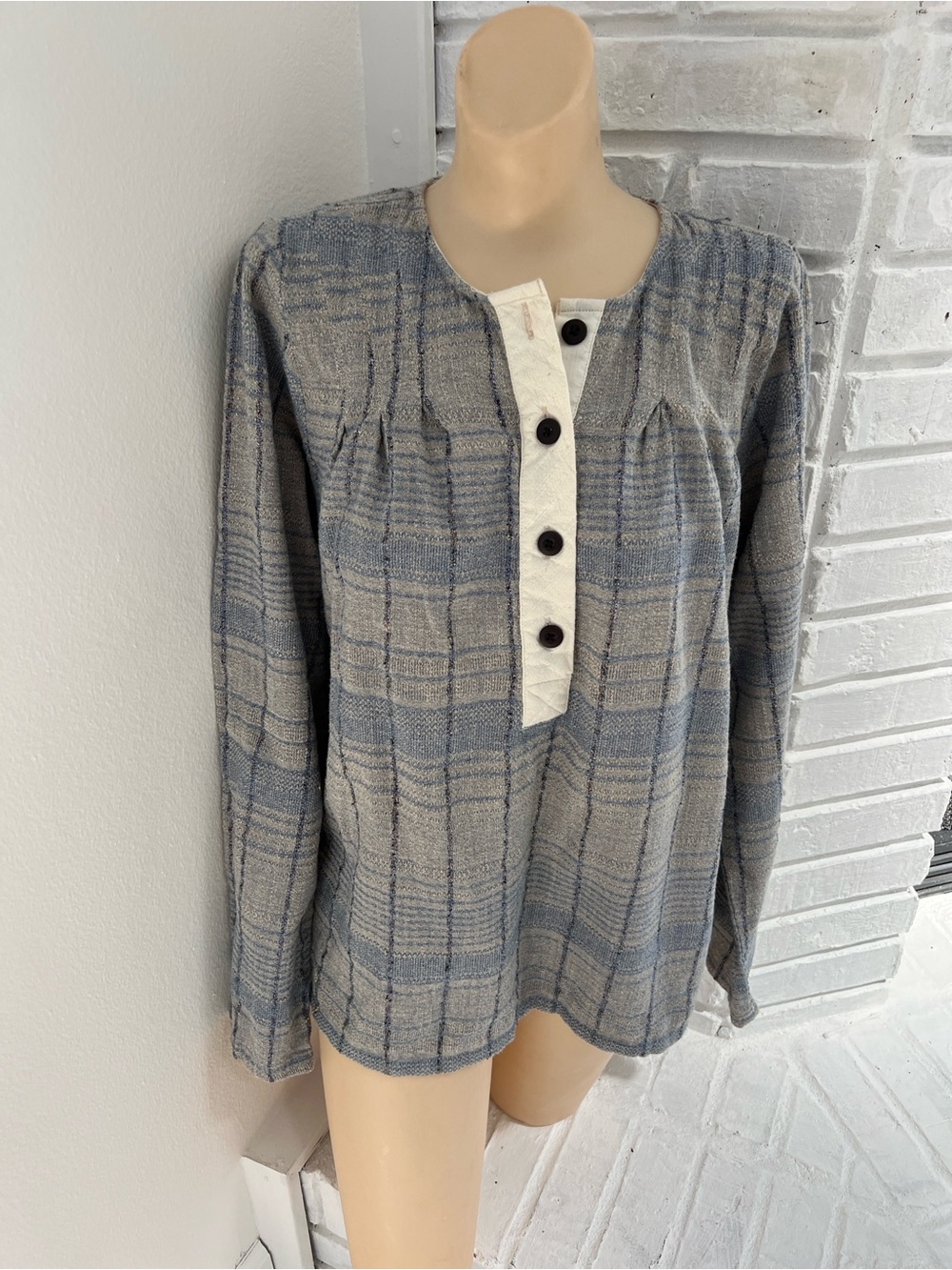 Ace & Jig Blue Gray Plaid Henley with Cream Button Placket